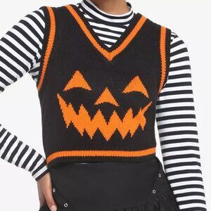 Hot Topic Black & Orange Pumpkin Jack O' Lantern Face Sweater Vest Size Medium